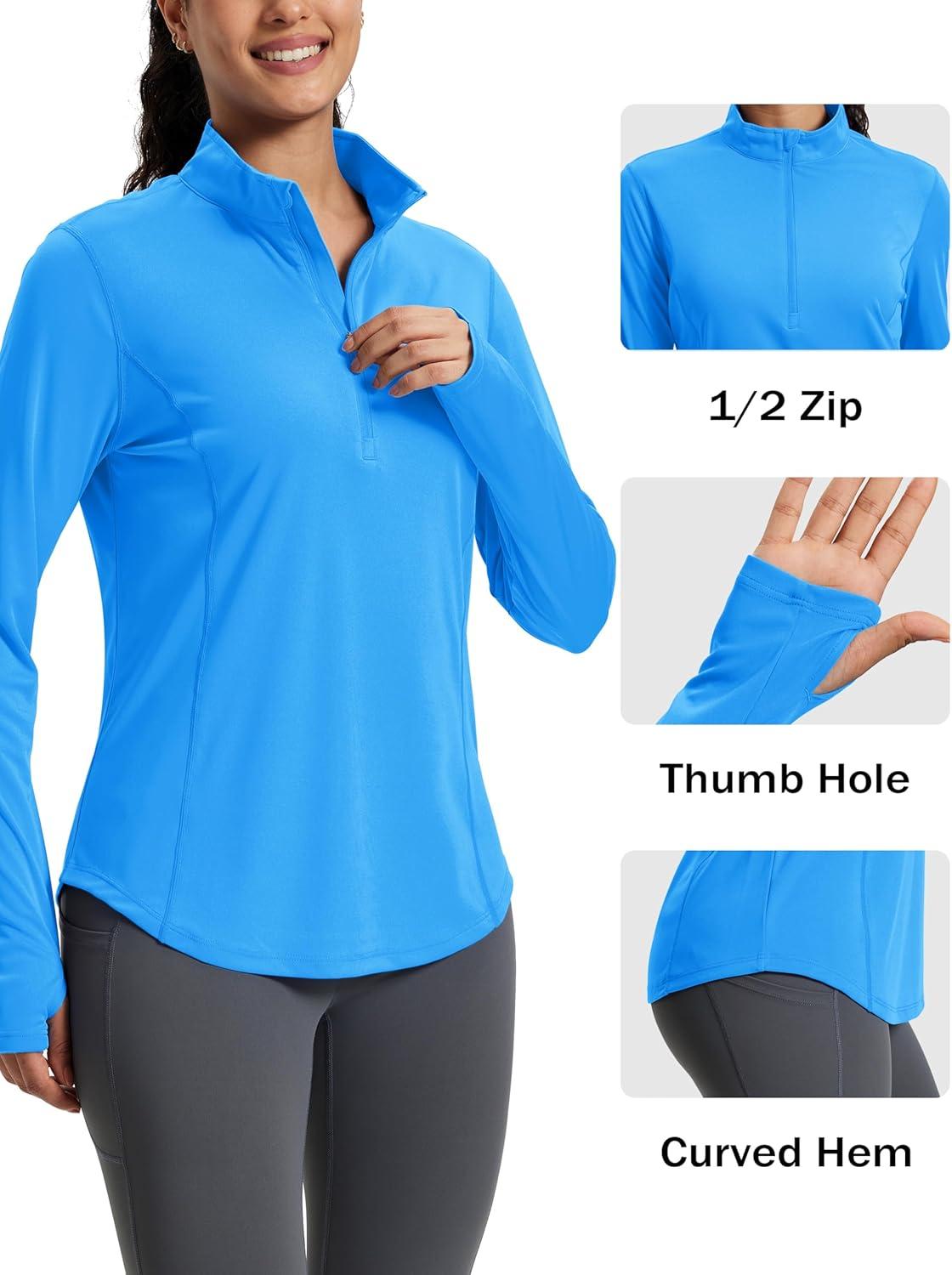 imageMAGCOMSEN Womens Long Sleeve Shirts Sun Protection Half 12 Zip Pullover Rash Guard Quick Dry Hiking Golf Workout TopsAzure