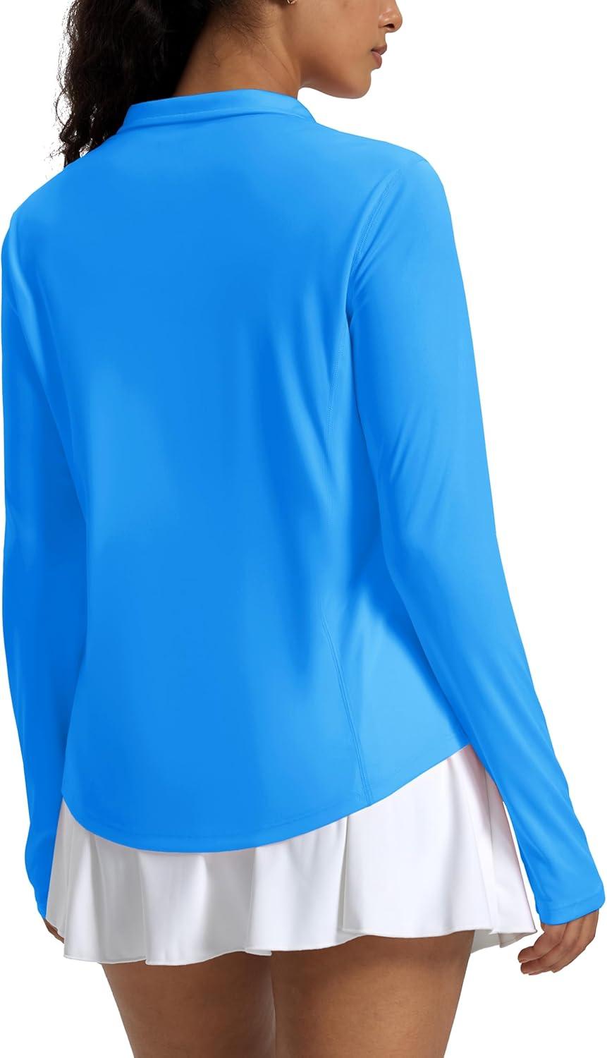 imageMAGCOMSEN Womens Long Sleeve Shirts Sun Protection Half 12 Zip Pullover Rash Guard Quick Dry Hiking Golf Workout TopsAzure