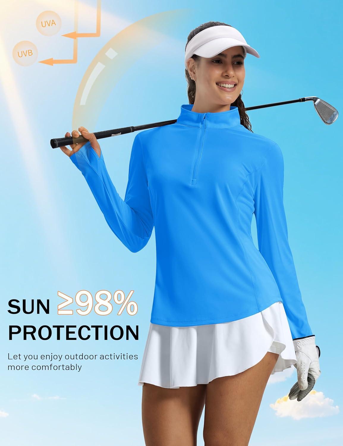 imageMAGCOMSEN Womens Long Sleeve Shirts Sun Protection Half 12 Zip Pullover Rash Guard Quick Dry Hiking Golf Workout TopsAzure