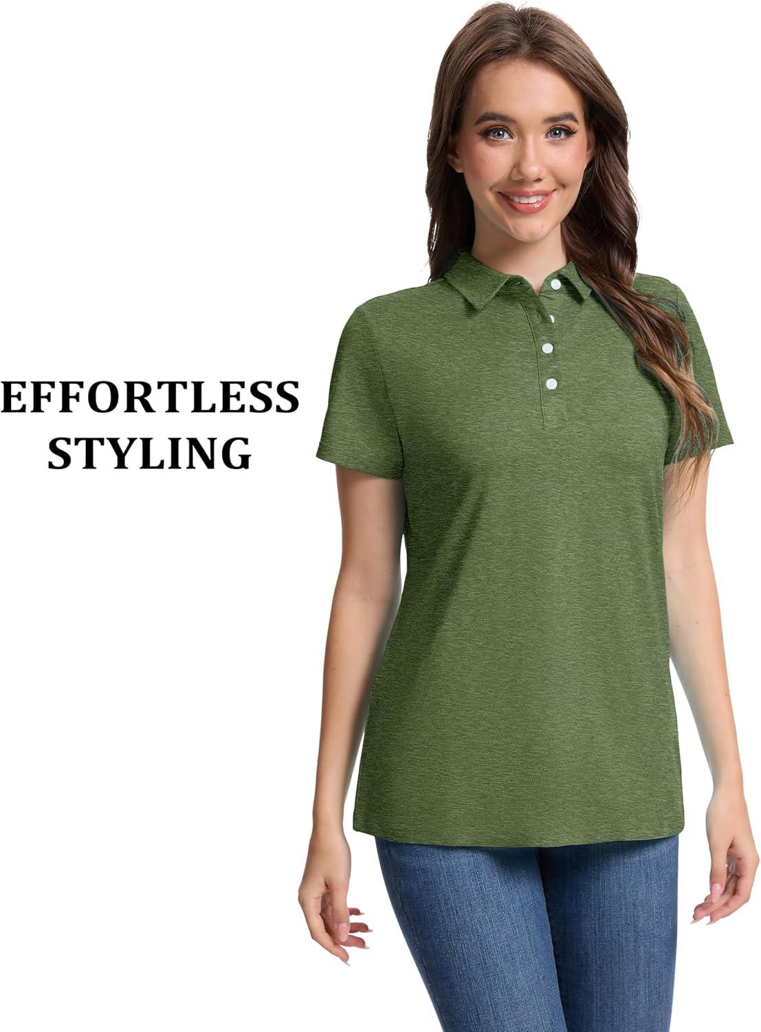 imageMAGCOMSEN Womens Polo Shirts Short Sleeve Quick Dry Golf TShirts Collared Golf Tops for Work Casual 4 ButtonsArmy Green