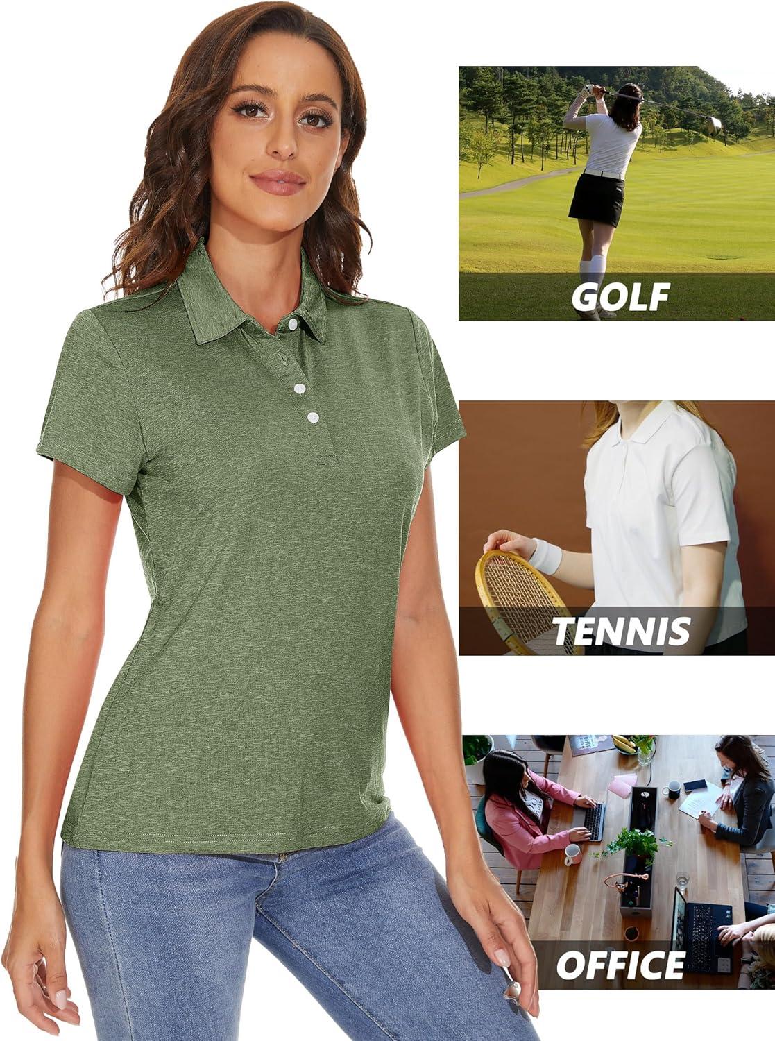 imageMAGCOMSEN Womens Polo Shirts Short Sleeve Quick Dry Golf TShirts Collared Golf Tops for Work Casual 4 ButtonsArmy Green