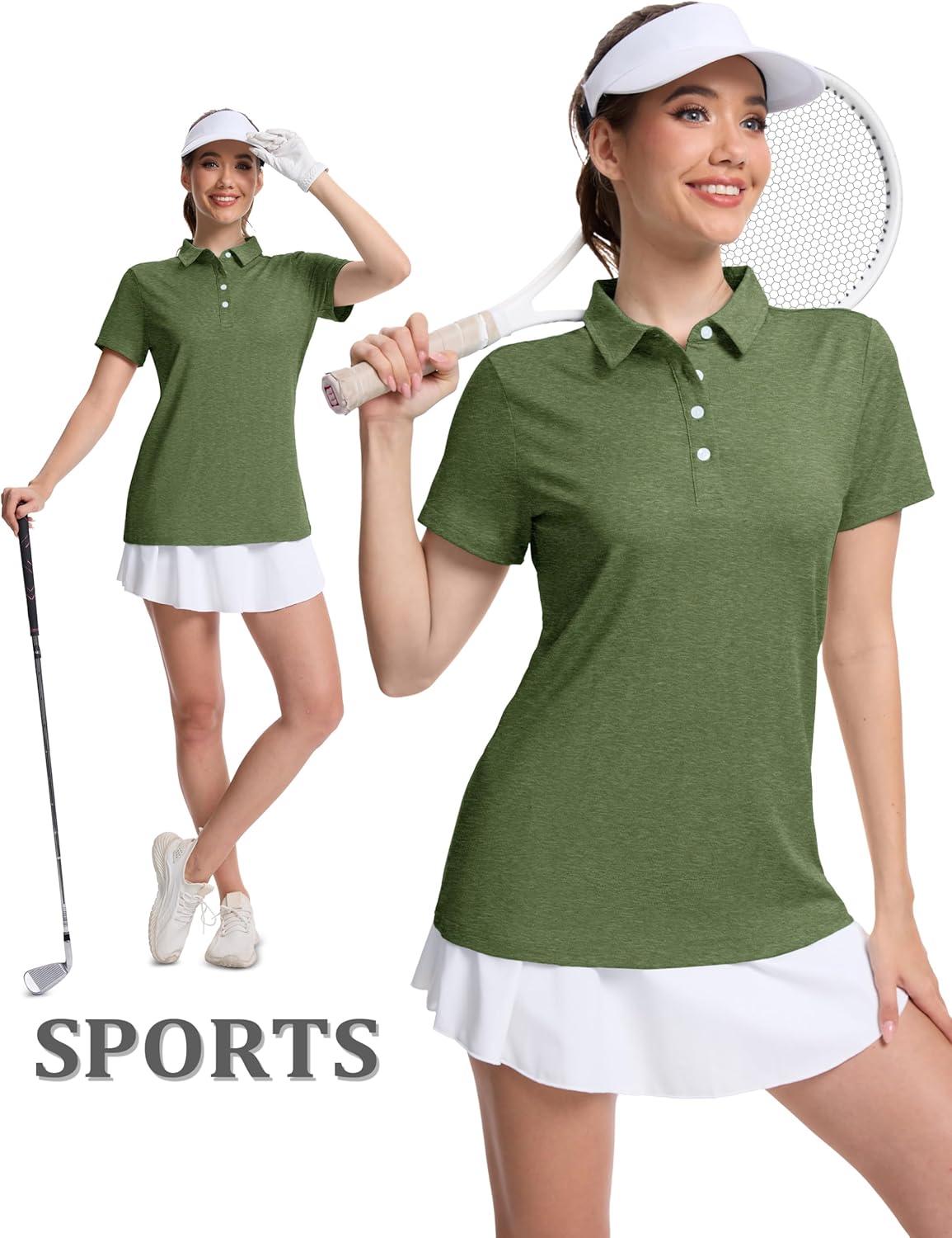 imageMAGCOMSEN Womens Polo Shirts Short Sleeve Quick Dry Golf TShirts Collared Golf Tops for Work Casual 4 ButtonsArmy Green