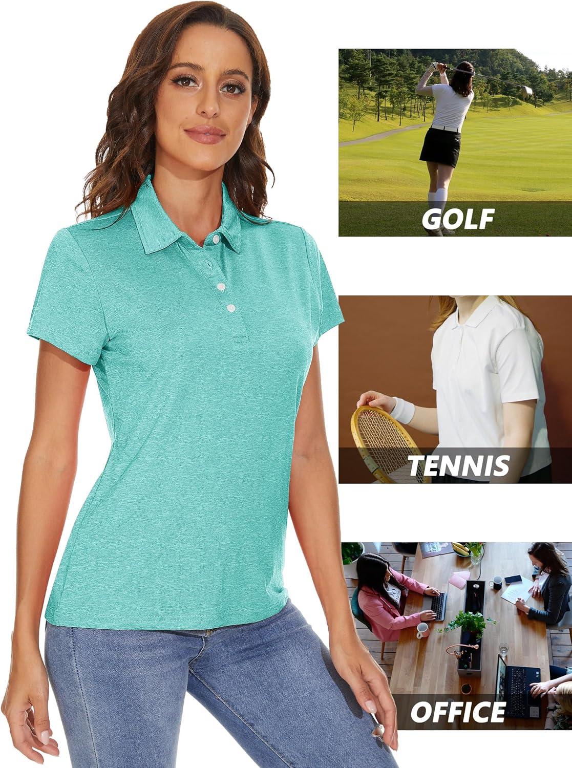imageMAGCOMSEN Womens Polo Shirts Short Sleeve Quick Dry Golf TShirts Collared Golf Tops for Work Casual 4 ButtonsLight Green