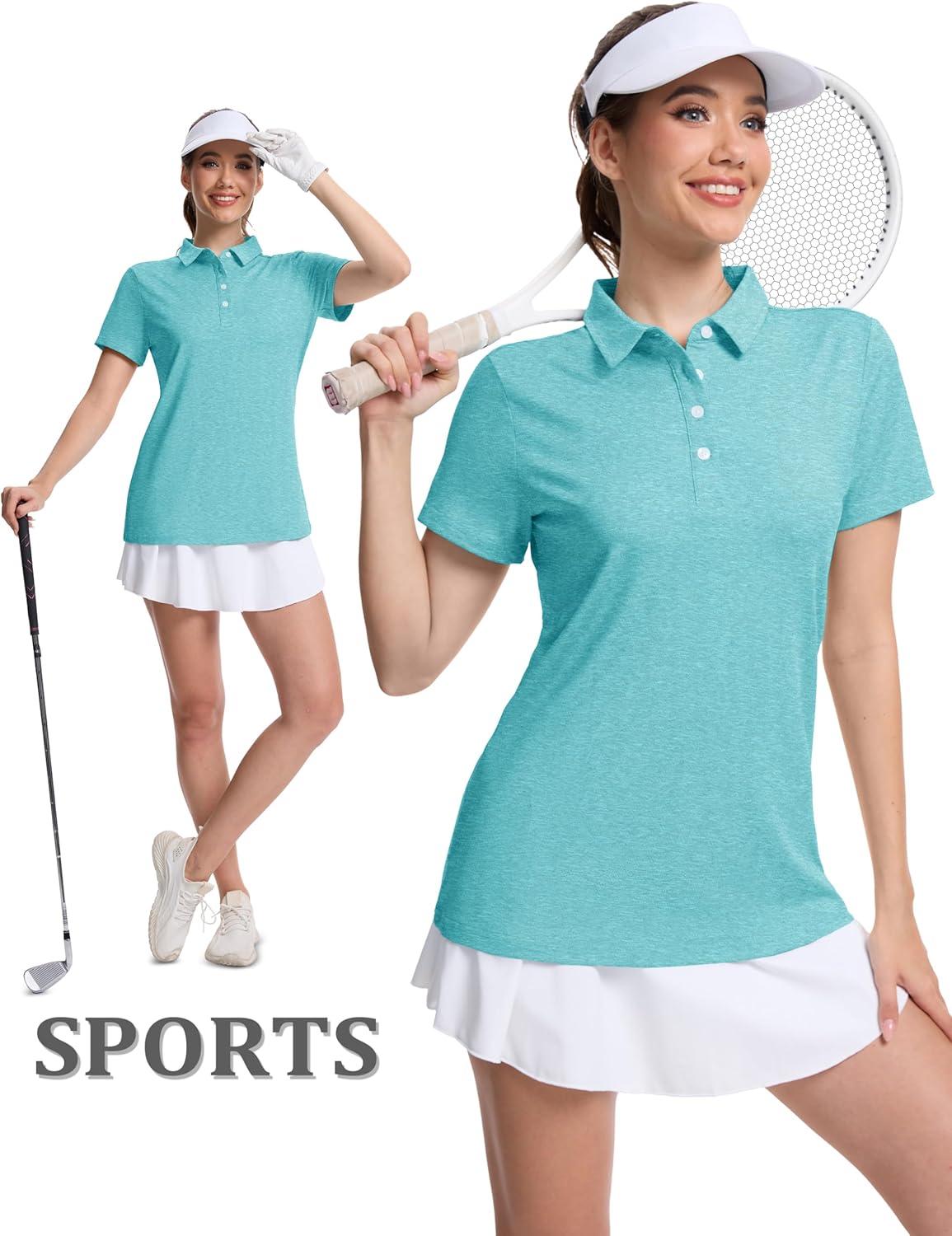 imageMAGCOMSEN Womens Polo Shirts Short Sleeve Quick Dry Golf TShirts Collared Golf Tops for Work Casual 4 ButtonsLight Green