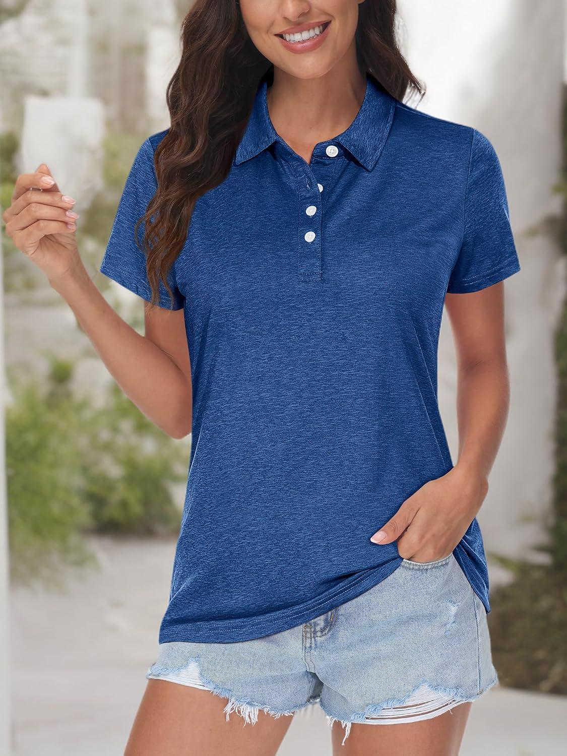 imageMAGCOMSEN Womens Polo Shirts Short Sleeve Quick Dry Golf TShirts Collared Golf Tops for Work Casual 4 ButtonsMedium Blue