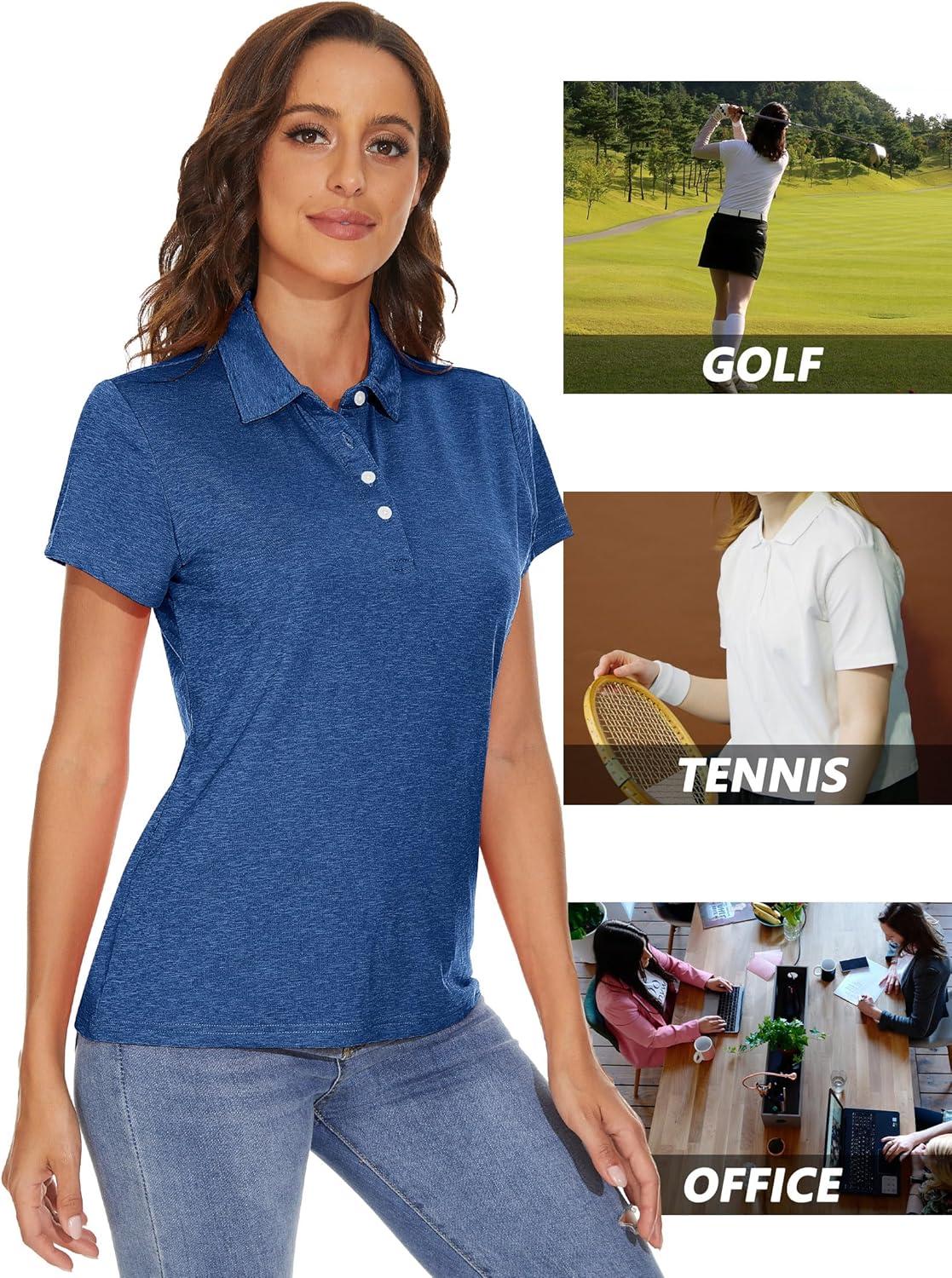 imageMAGCOMSEN Womens Polo Shirts Short Sleeve Quick Dry Golf TShirts Collared Golf Tops for Work Casual 4 ButtonsMedium Blue