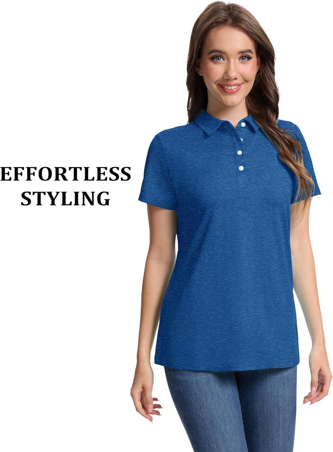 imageMAGCOMSEN Womens Polo Shirts Short Sleeve Quick Dry Golf TShirts Collared Golf Tops for Work Casual 4 ButtonsMedium Blue