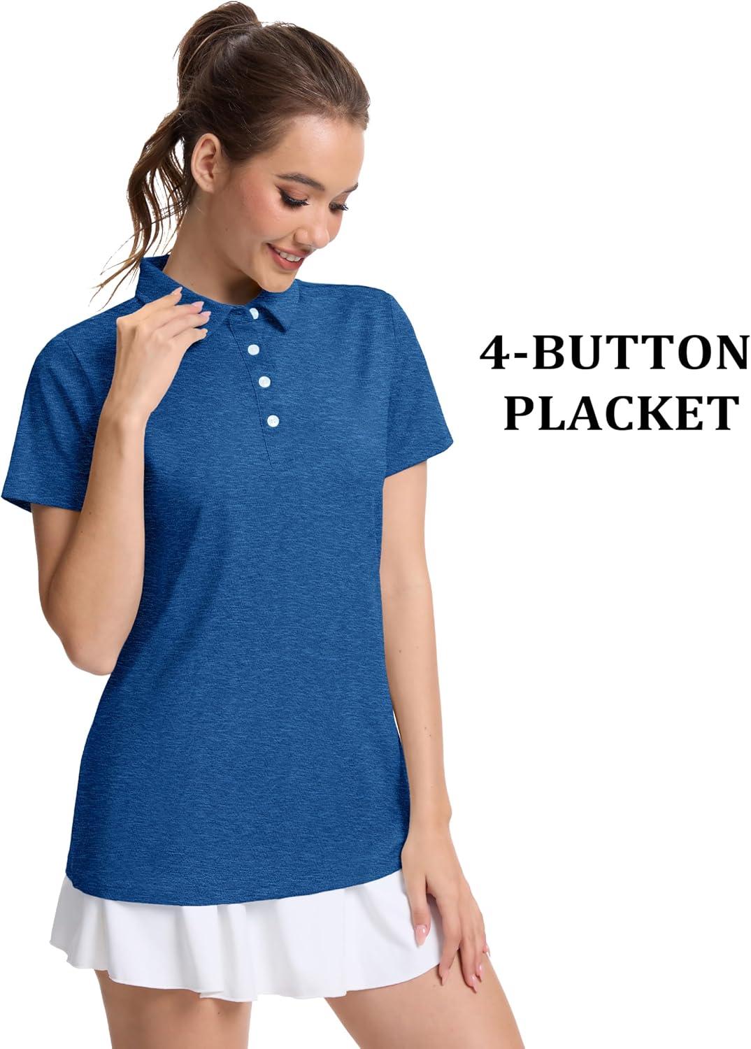 imageMAGCOMSEN Womens Polo Shirts Short Sleeve Quick Dry Golf TShirts Collared Golf Tops for Work Casual 4 ButtonsMedium Blue