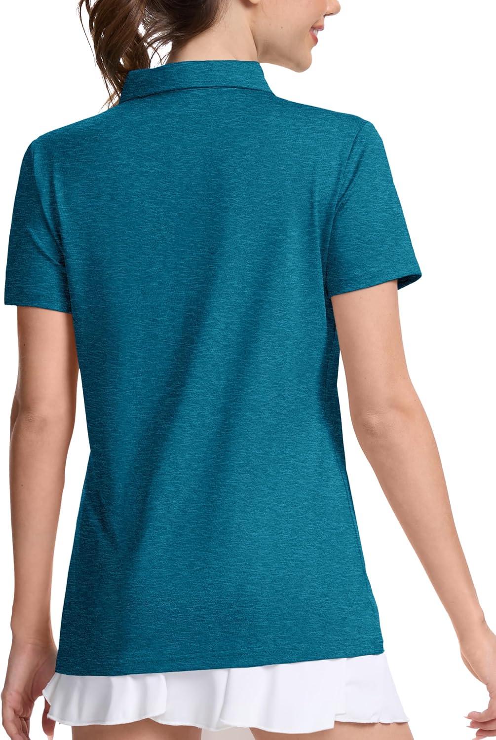 imageMAGCOMSEN Womens Polo Shirts Short Sleeve Quick Dry Golf TShirts Collared Golf Tops for Work Casual 4 ButtonsPeacock Blue