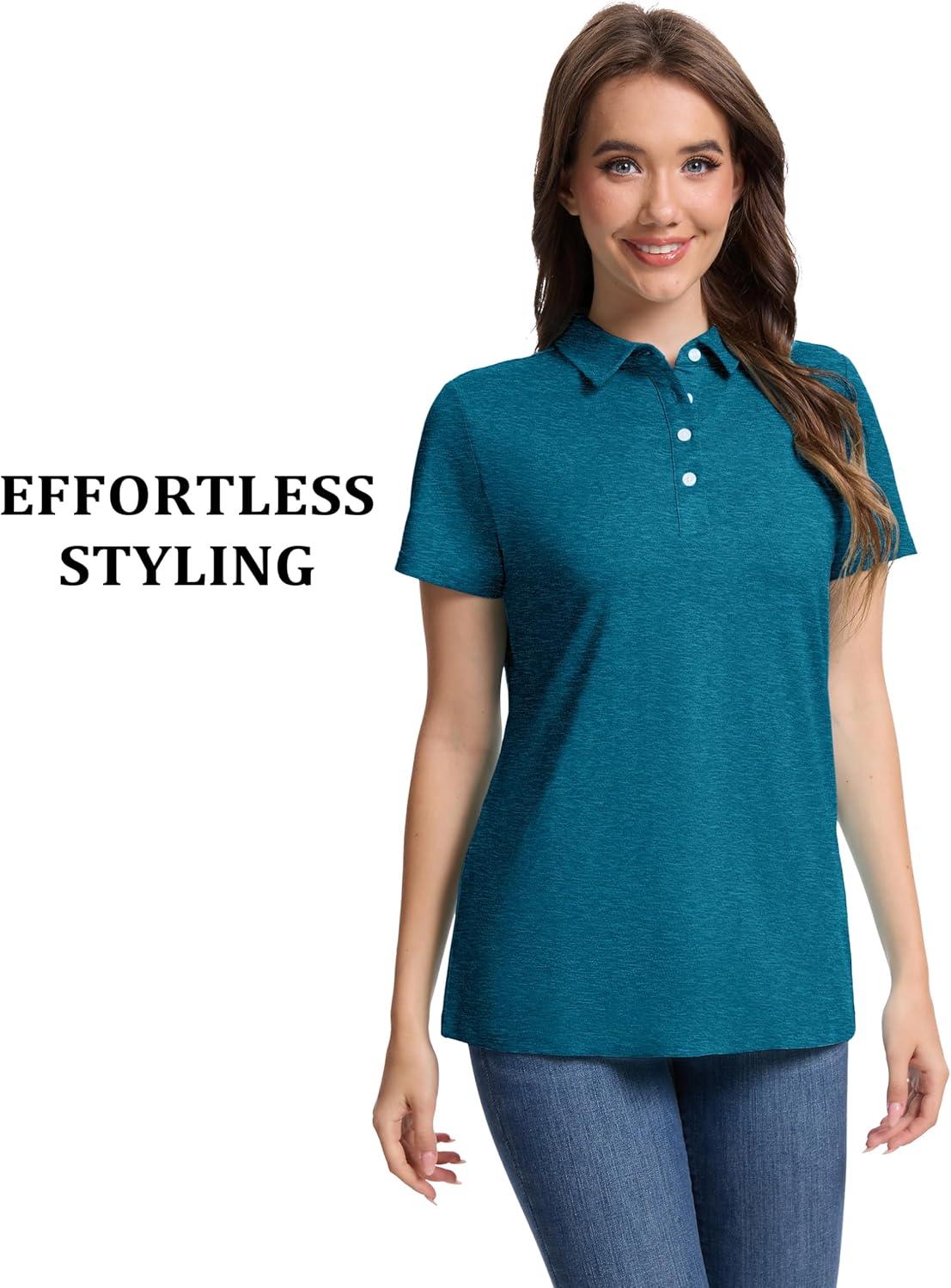 imageMAGCOMSEN Womens Polo Shirts Short Sleeve Quick Dry Golf TShirts Collared Golf Tops for Work Casual 4 ButtonsPeacock Blue