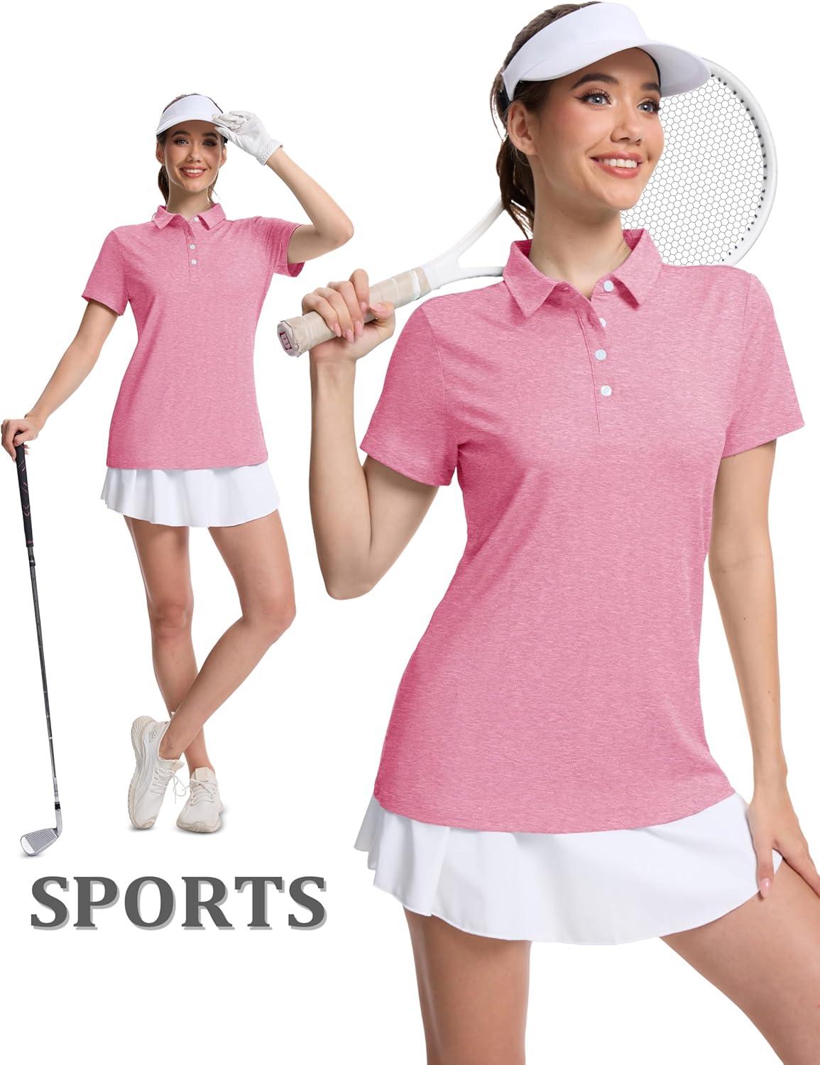 imageMAGCOMSEN Womens Polo Shirts Short Sleeve Quick Dry Golf TShirts Collared Golf Tops for Work Casual 4 ButtonsPink