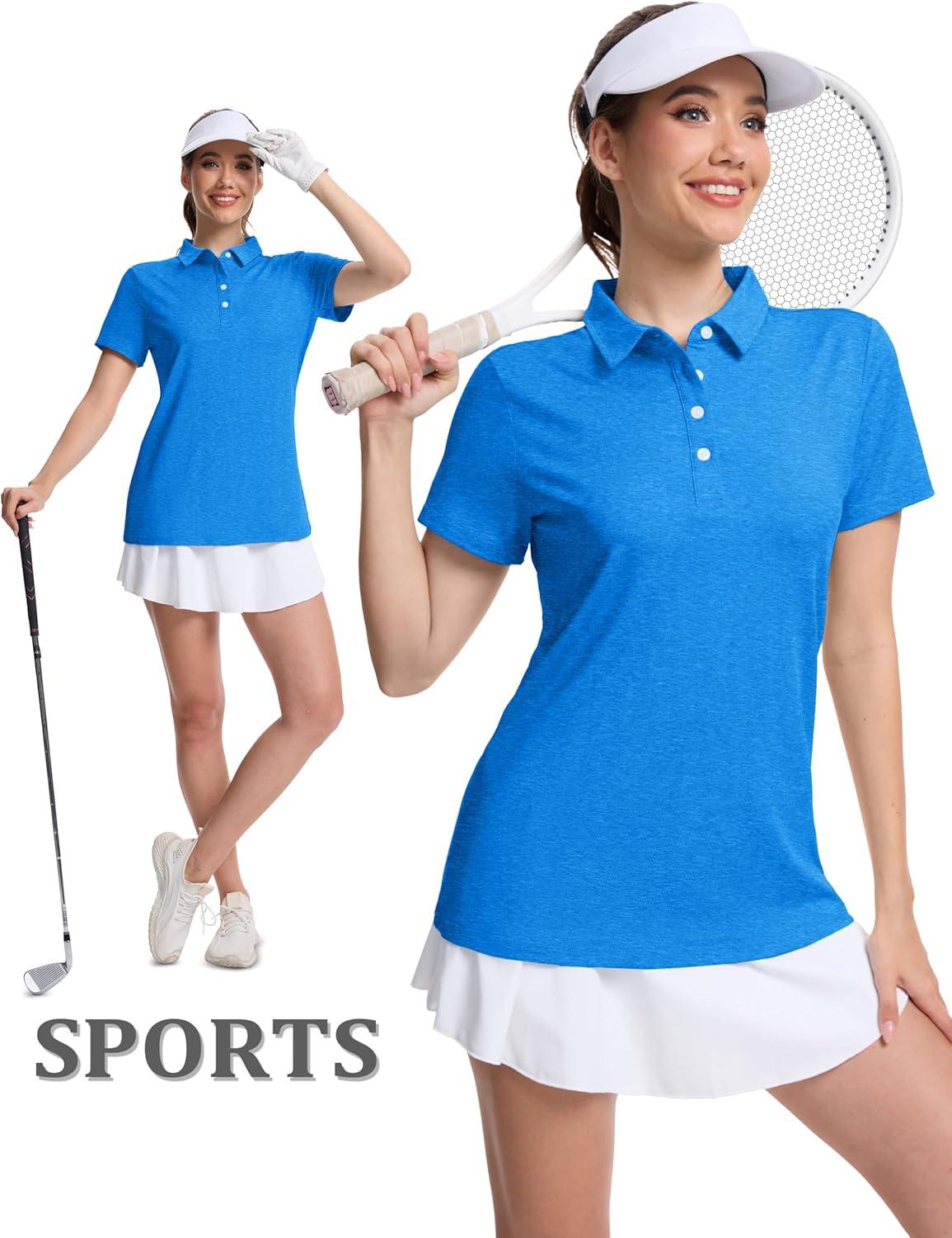 imageMAGCOMSEN Womens Polo Shirts Short Sleeve Quick Dry Golf TShirts Collared Golf Tops for Work Casual 4 ButtonsSea Blue