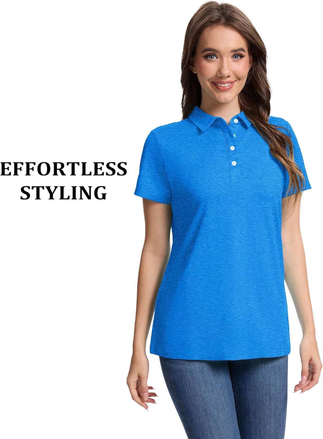imageMAGCOMSEN Womens Polo Shirts Short Sleeve Quick Dry Golf TShirts Collared Golf Tops for Work Casual 4 ButtonsSea Blue