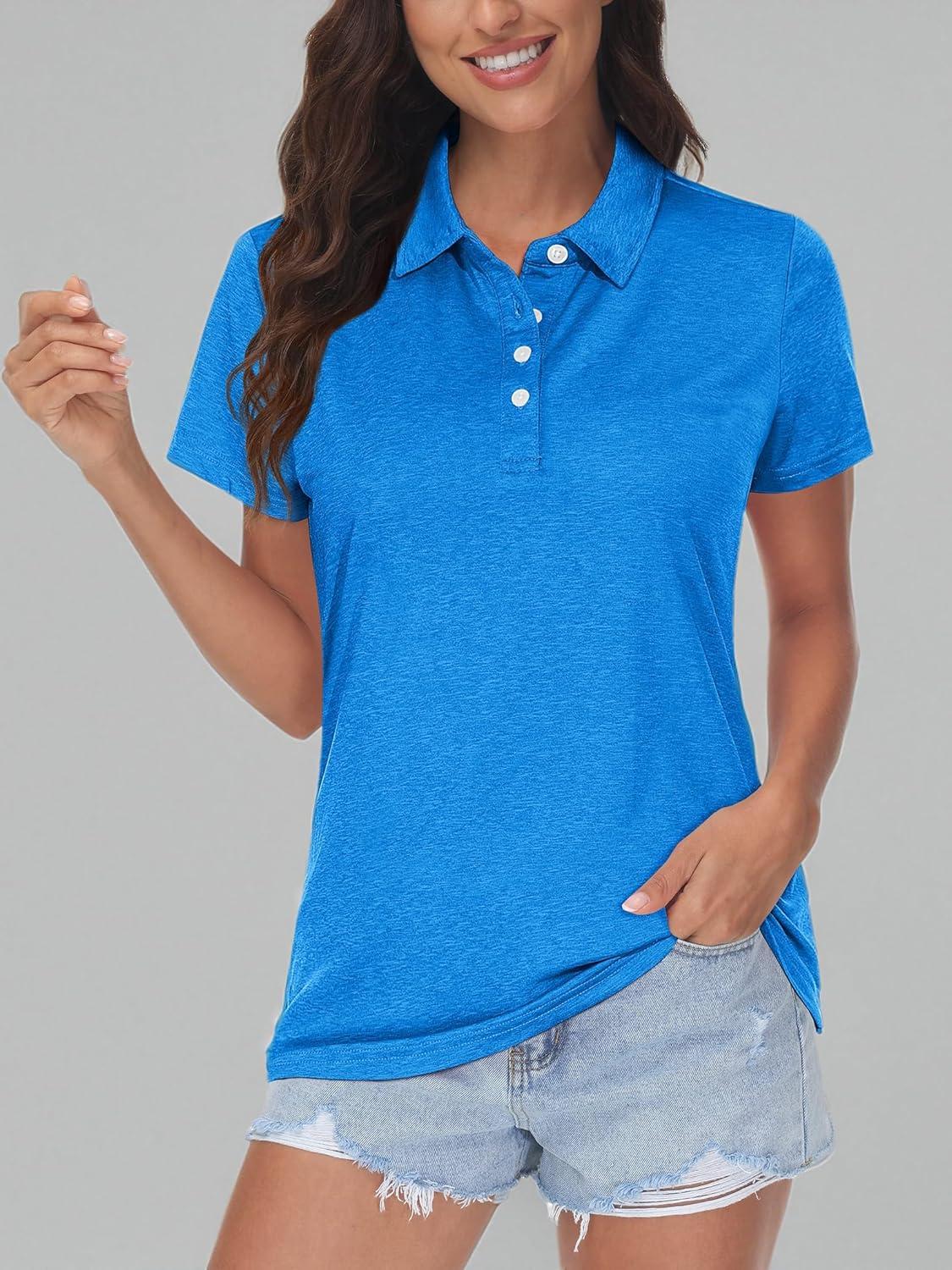 imageMAGCOMSEN Womens Polo Shirts Short Sleeve Quick Dry Golf TShirts Collared Golf Tops for Work Casual 4 ButtonsSea Blue
