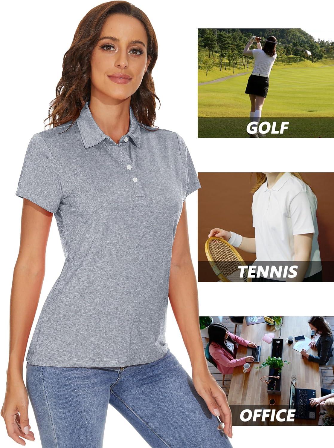 imageMAGCOMSEN Womens Polo Shirts Short Sleeve Quick Dry Golf TShirts Collared Golf Tops for Work Casual 4 ButtonsSilver