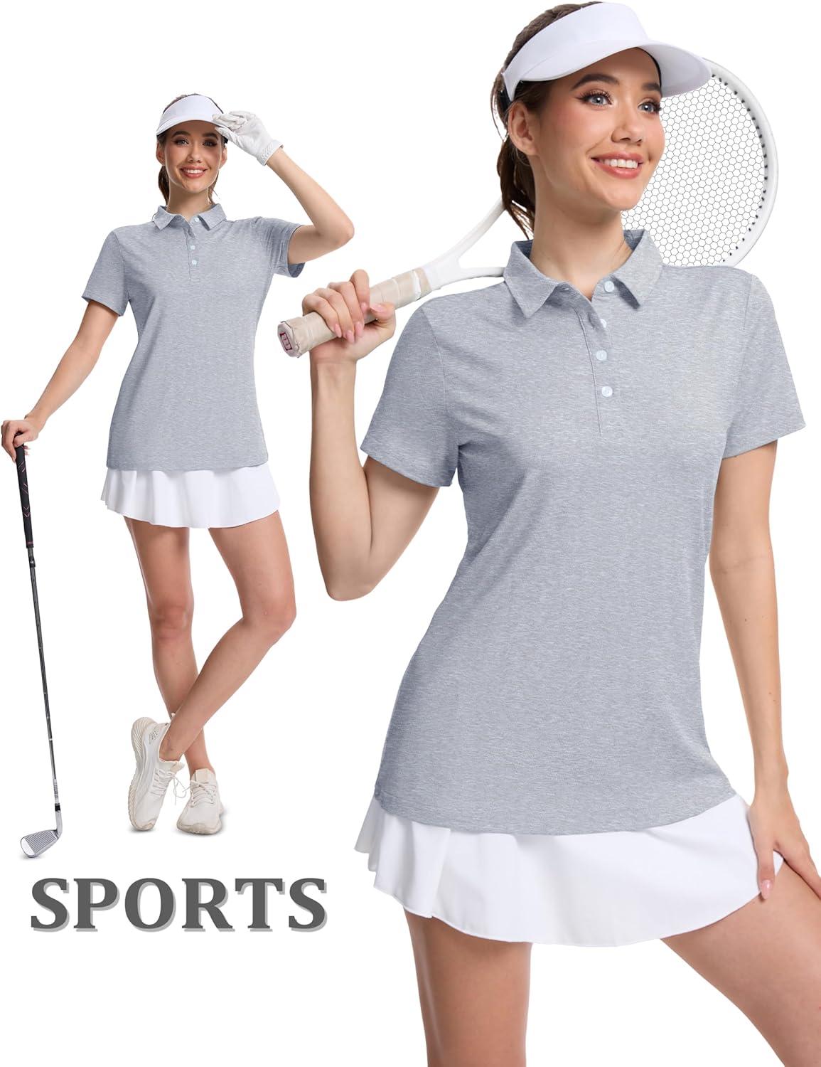 imageMAGCOMSEN Womens Polo Shirts Short Sleeve Quick Dry Golf TShirts Collared Golf Tops for Work Casual 4 ButtonsSilver