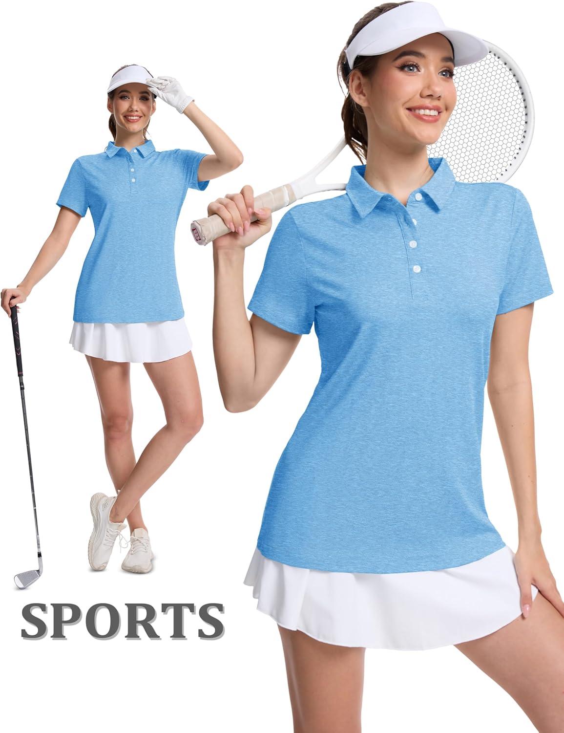 imageMAGCOMSEN Womens Polo Shirts Short Sleeve Quick Dry Golf TShirts Collared Golf Tops for Work Casual 4 ButtonsSky Blue