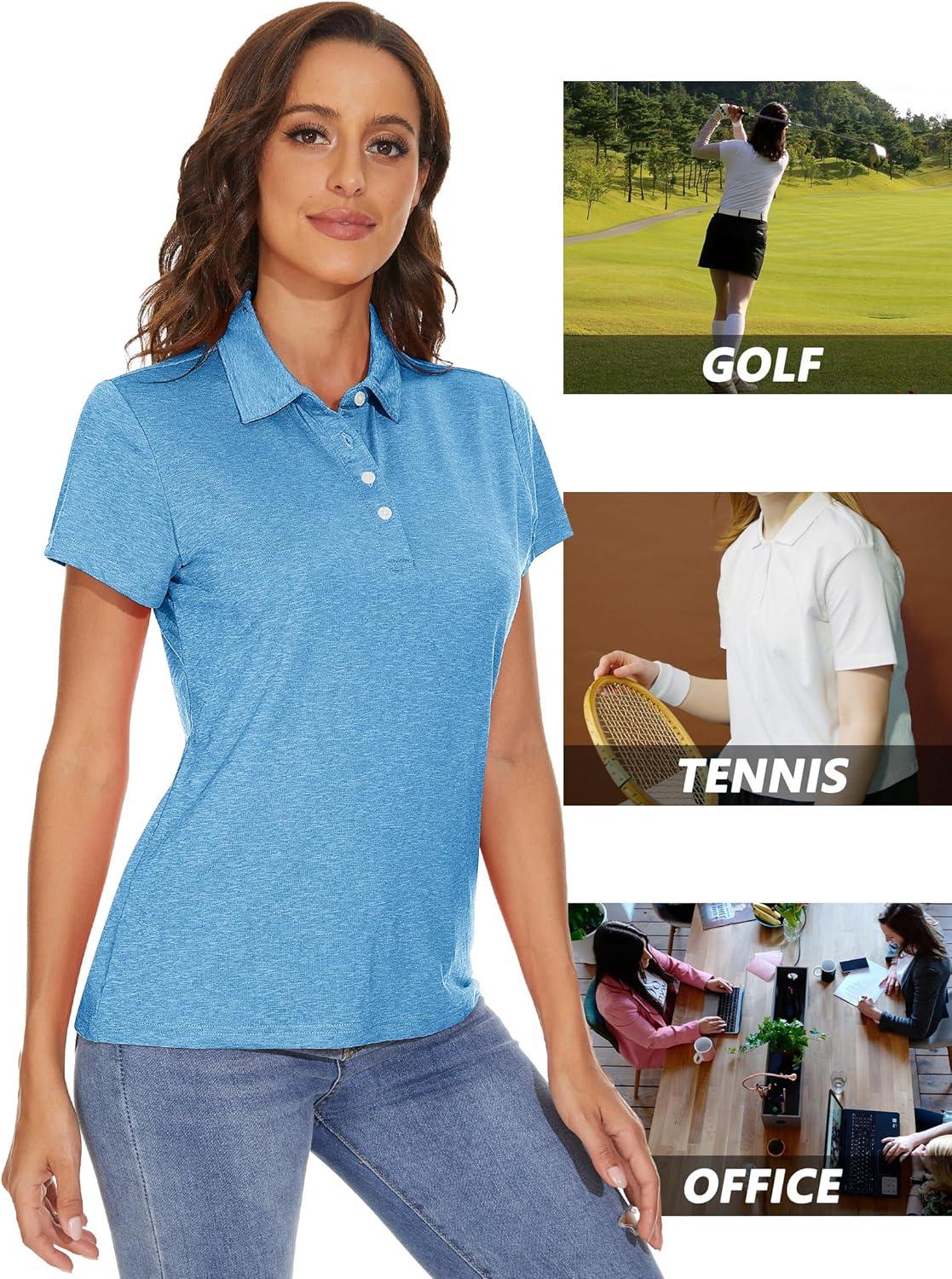 imageMAGCOMSEN Womens Polo Shirts Short Sleeve Quick Dry Golf TShirts Collared Golf Tops for Work Casual 4 ButtonsSky Blue