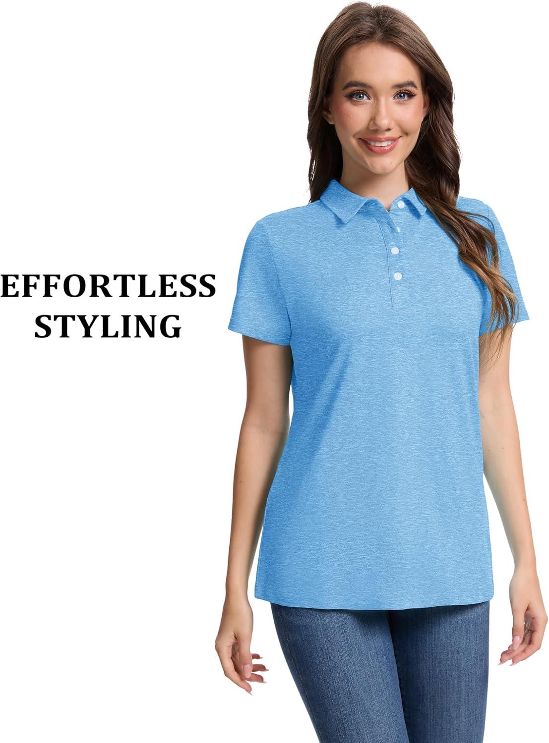 imageMAGCOMSEN Womens Polo Shirts Short Sleeve Quick Dry Golf TShirts Collared Golf Tops for Work Casual 4 ButtonsSky Blue
