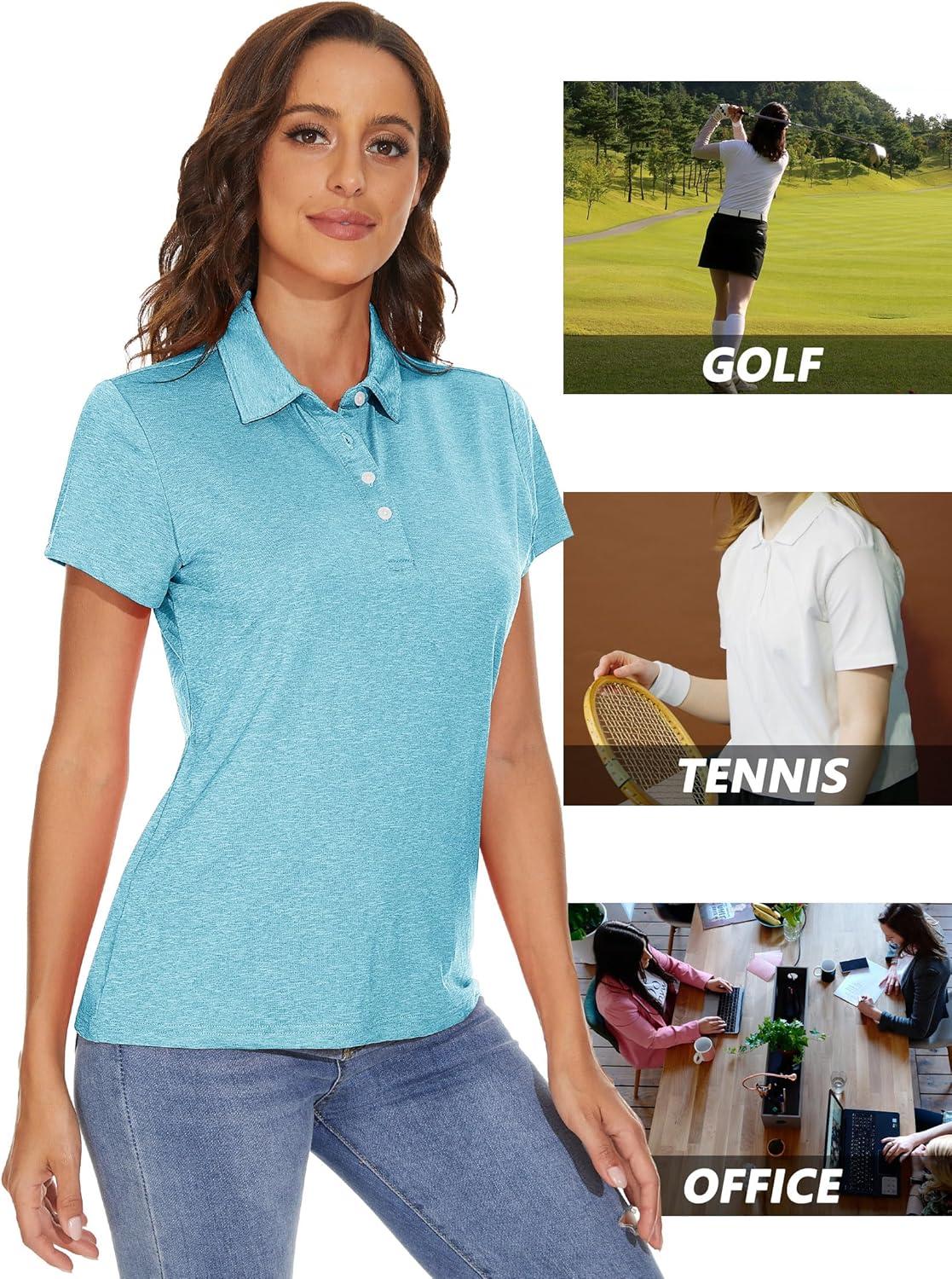imageMAGCOMSEN Womens Polo Shirts Short Sleeve Quick Dry Golf TShirts Collared Golf Tops for Work Casual 4 ButtonsWater Blue