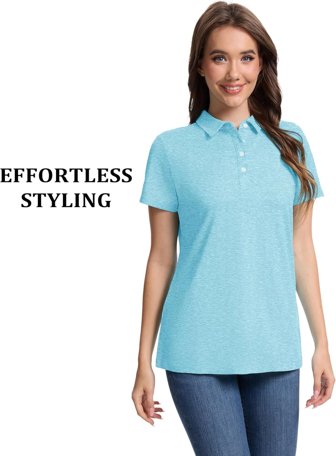 imageMAGCOMSEN Womens Polo Shirts Short Sleeve Quick Dry Golf TShirts Collared Golf Tops for Work Casual 4 ButtonsWater Blue