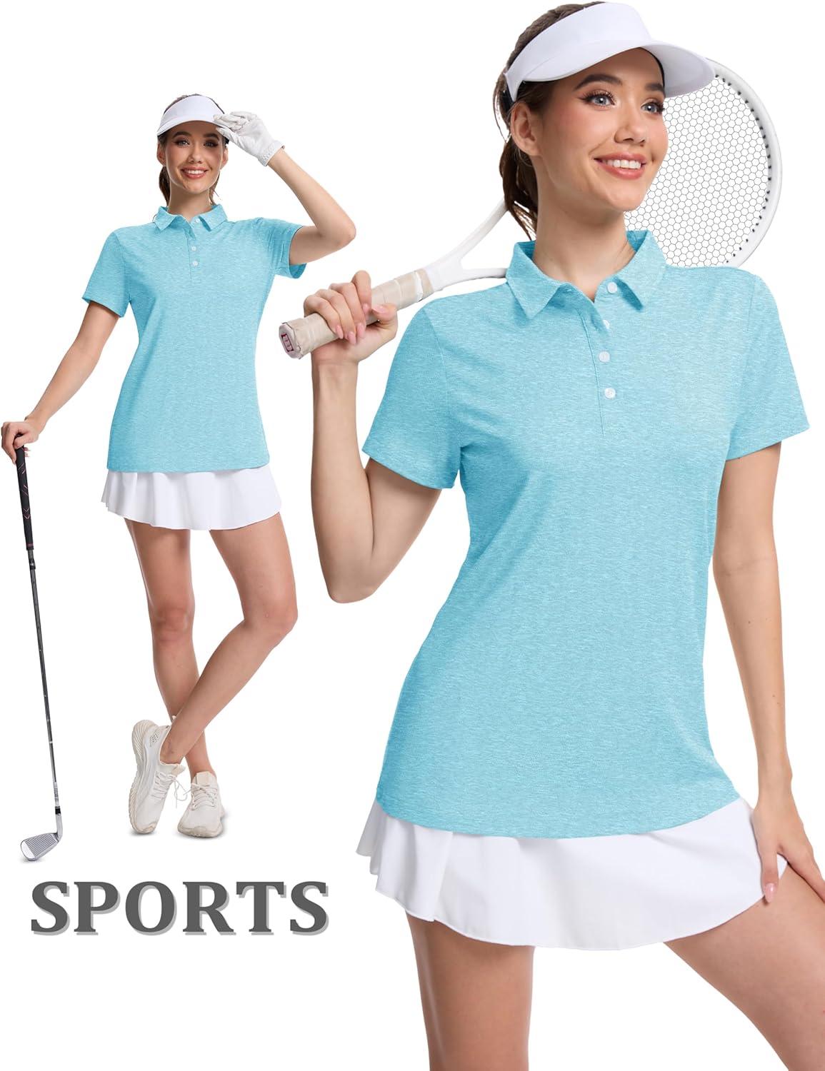 imageMAGCOMSEN Womens Polo Shirts Short Sleeve Quick Dry Golf TShirts Collared Golf Tops for Work Casual 4 ButtonsWater Blue