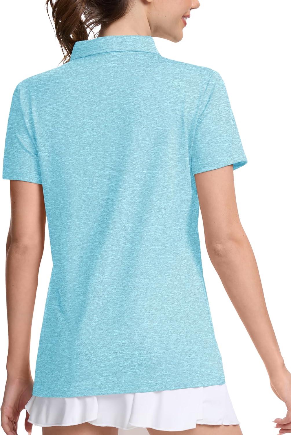 imageMAGCOMSEN Womens Polo Shirts Short Sleeve Quick Dry Golf TShirts Collared Golf Tops for Work Casual 4 ButtonsWater Blue