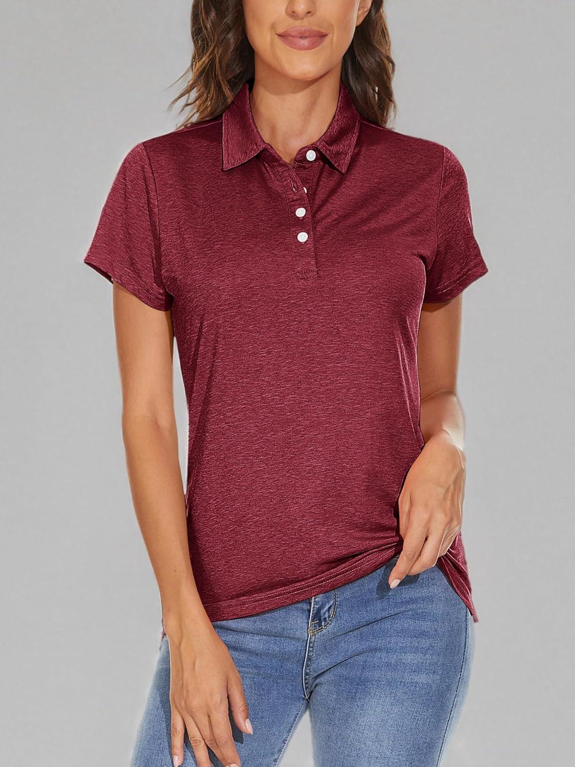 imageMAGCOMSEN Womens Polo Shirts Short Sleeve Quick Dry Golf TShirts Collared Golf Tops for Work Casual 4 ButtonsWine Red