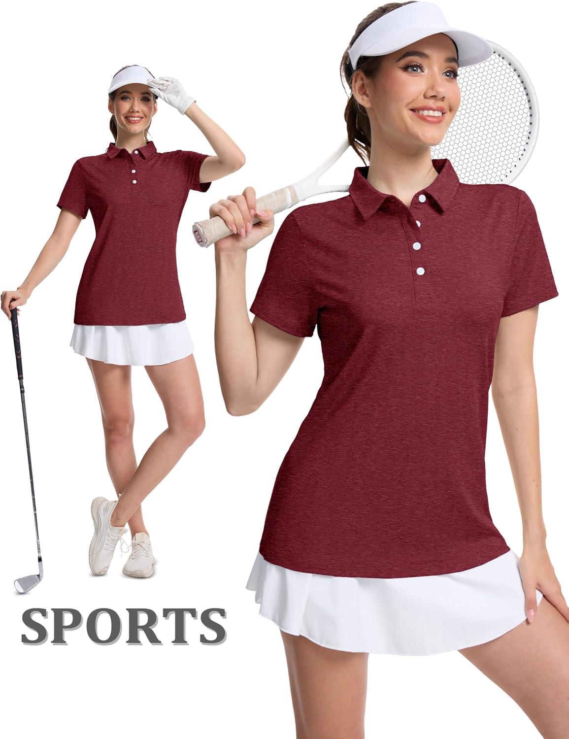 imageMAGCOMSEN Womens Polo Shirts Short Sleeve Quick Dry Golf TShirts Collared Golf Tops for Work Casual 4 ButtonsWine Red