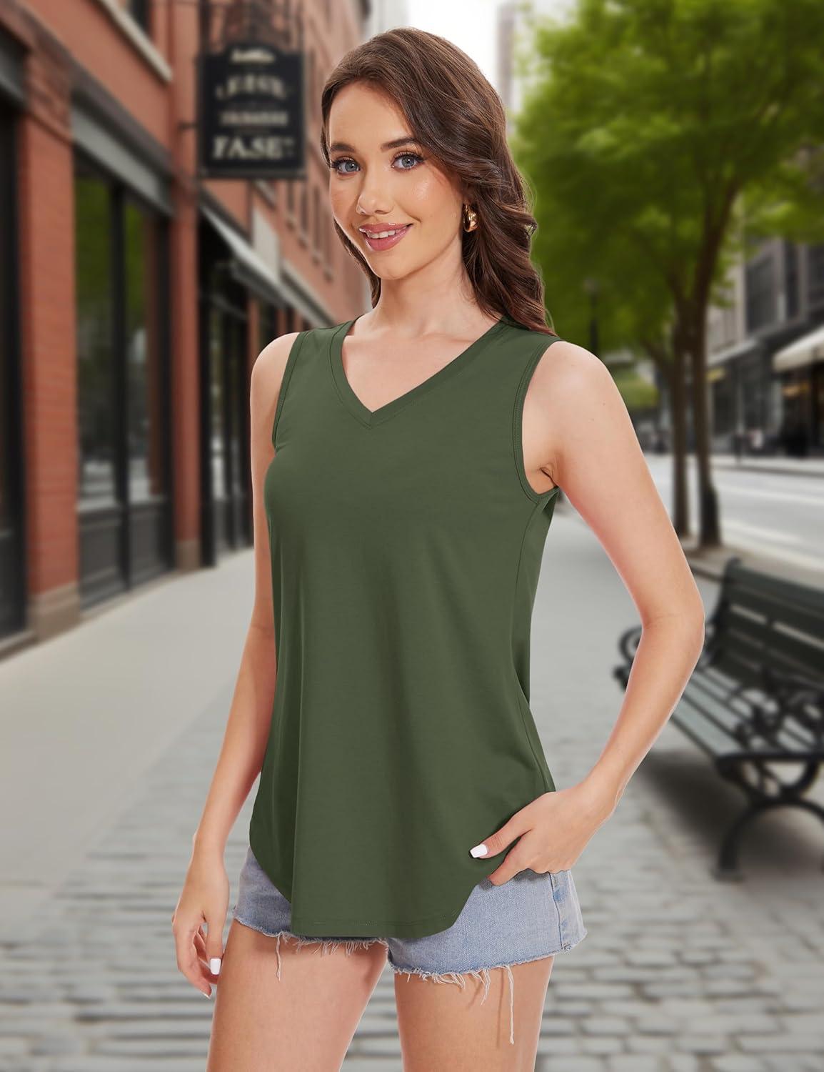 imageMAGCOMSEN Womens Tank Tops Summer Sleeveless V Neck Tops Loose Fit Casual Basic UPF 50 Tee Flowy Trendy TShirtsArmygreen