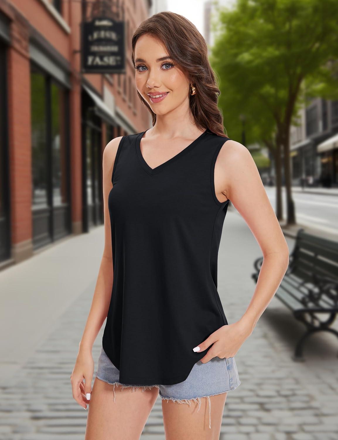 imageMAGCOMSEN Womens Tank Tops Summer Sleeveless V Neck Tops Loose Fit Casual Basic UPF 50 Tee Flowy Trendy TShirtsBlack