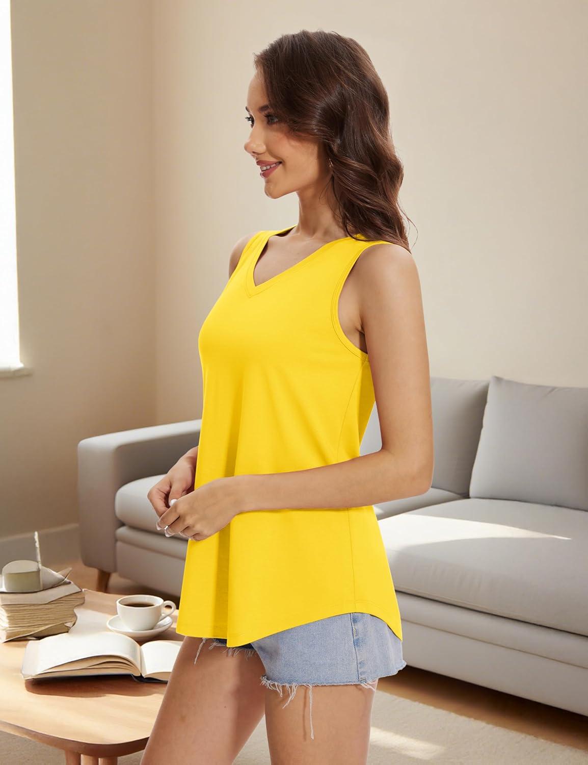 imageMAGCOMSEN Womens Tank Tops Summer Sleeveless V Neck Tops Loose Fit Casual Basic UPF 50 Tee Flowy Trendy TShirtsYellow
