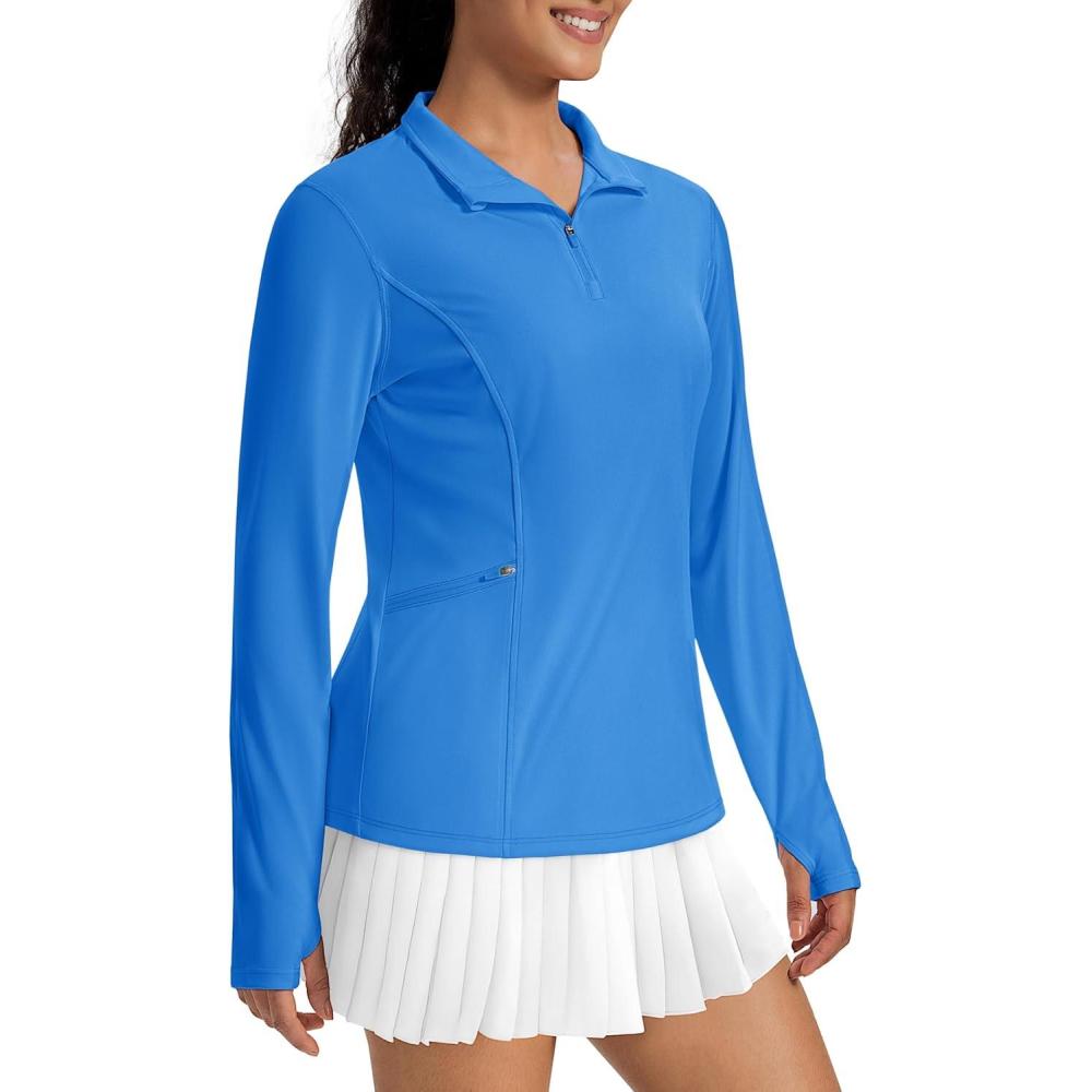imageMAGCOMSEN 14 Zip Pullover Women Long Sleeve Quarter Zip UPF 50 Sun Shirts with Pocket Quick Dry Athletic Workout TopsAzure
