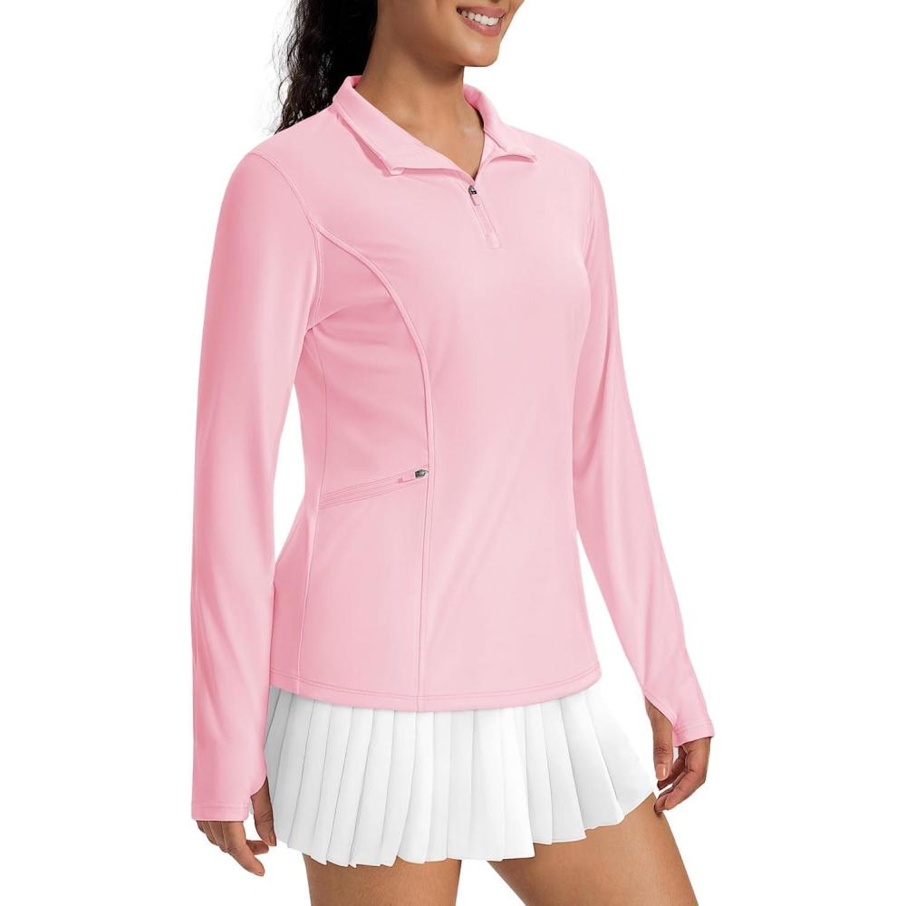 imageMAGCOMSEN 14 Zip Pullover Women Long Sleeve Quarter Zip UPF 50 Sun Shirts with Pocket Quick Dry Athletic Workout TopsLight Pink