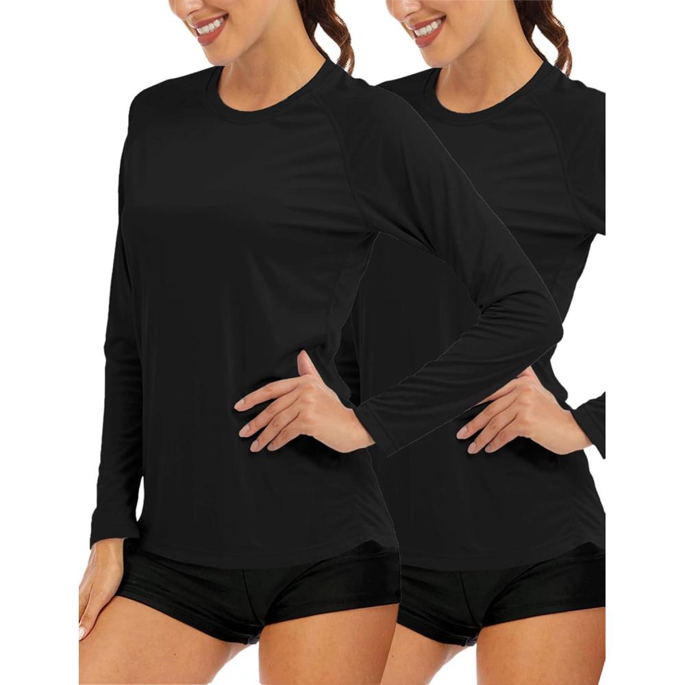 imageMAGCOMSEN Womens 2 Pack Long Sleeve Shirts UPF 50 Sun Protection Quick Dry Swim Shirt for Rash Guard Fishing Workout2 Packblack black