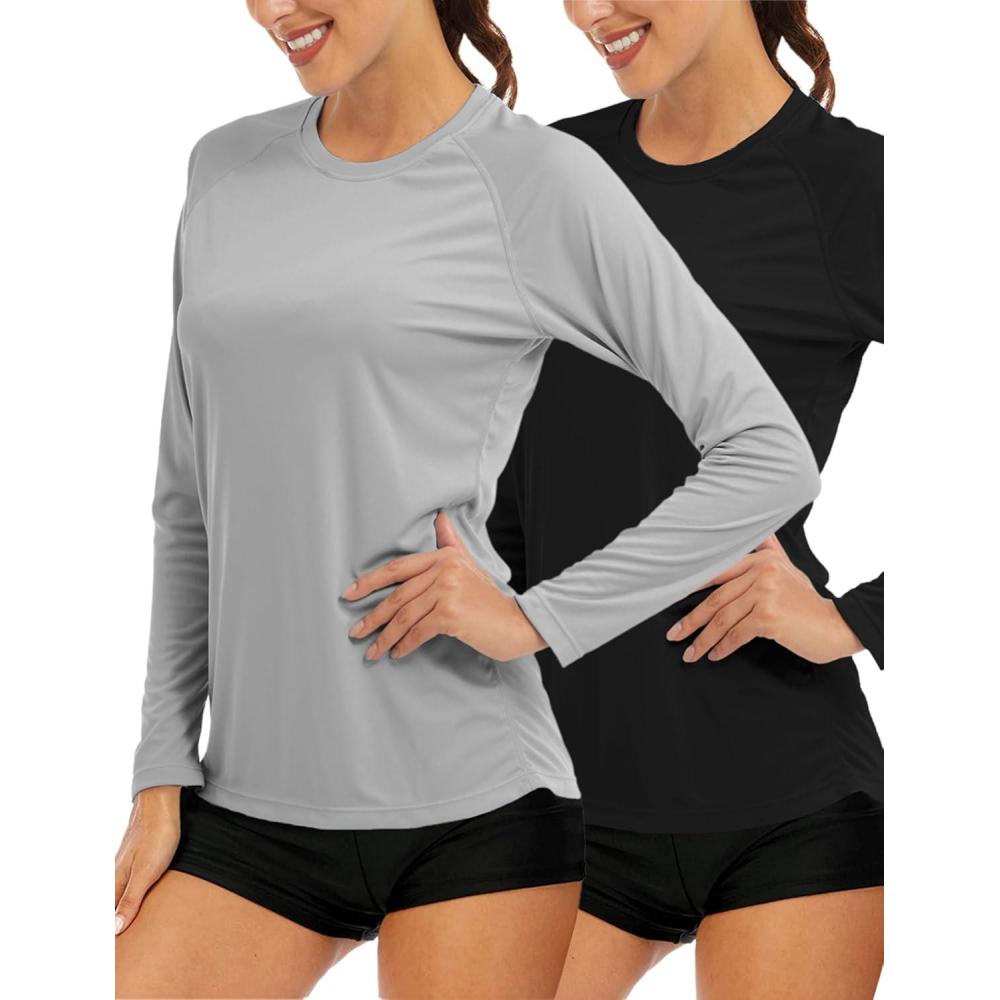 imageMAGCOMSEN Womens 2 Pack Long Sleeve Shirts UPF 50 Sun Protection Quick Dry Swim Shirt for Rash Guard Fishing Workout2 Packblack lgray