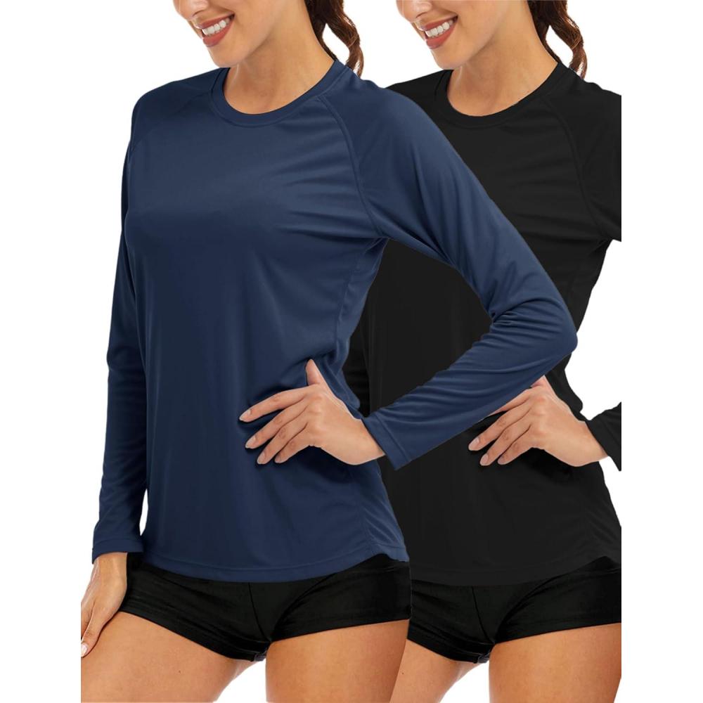 imageMAGCOMSEN Womens 2 Pack Long Sleeve Shirts UPF 50 Sun Protection Quick Dry Swim Shirt for Rash Guard Fishing Workout2 Packblack navy