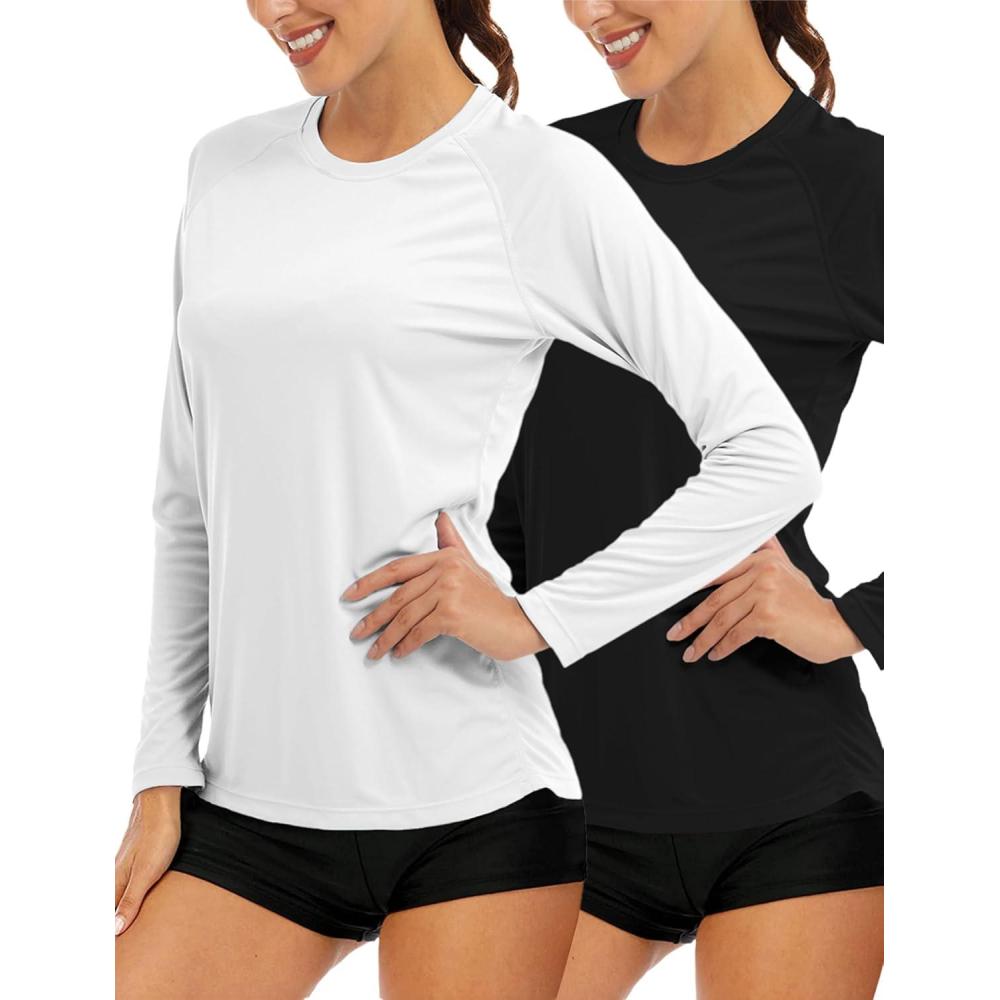 imageMAGCOMSEN Womens 2 Pack Long Sleeve Shirts UPF 50 Sun Protection Quick Dry Swim Shirt for Rash Guard Fishing Workout2 Packblack white