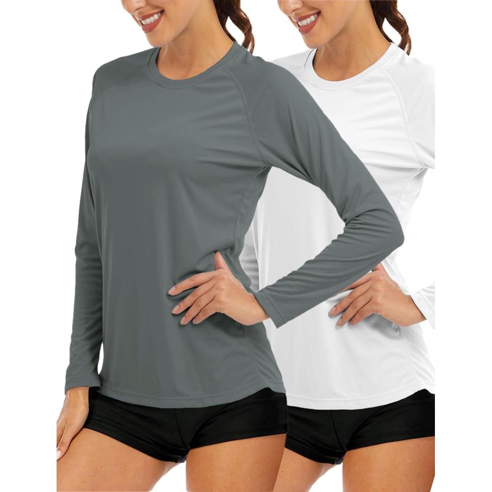 imageMAGCOMSEN Womens 2 Pack Long Sleeve Shirts UPF 50 Sun Protection Quick Dry Swim Shirt for Rash Guard Fishing Workout2 Packdark Grey white