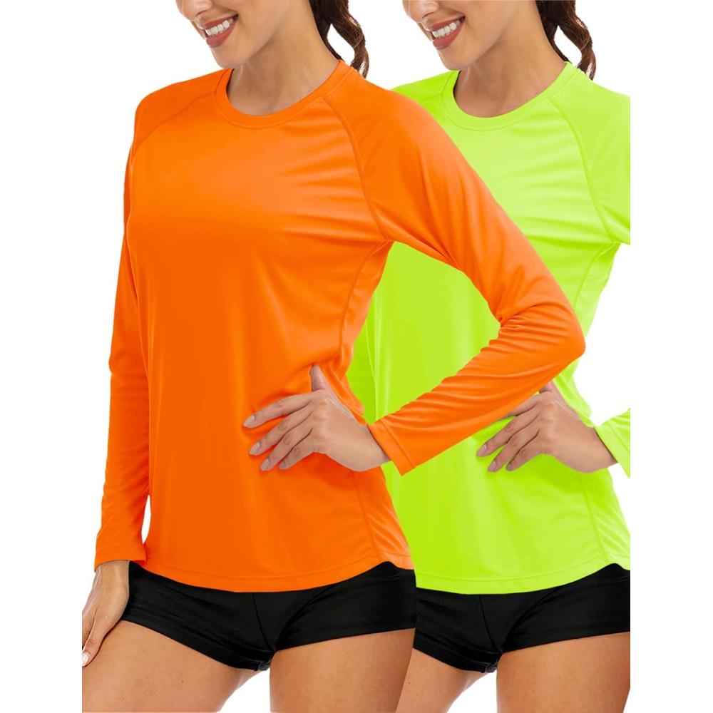 imageMAGCOMSEN Womens 2 Pack Long Sleeve Shirts UPF 50 Sun Protection Quick Dry Swim Shirt for Rash Guard Fishing Workout2 Packfluorescent Green fluorescent Orange