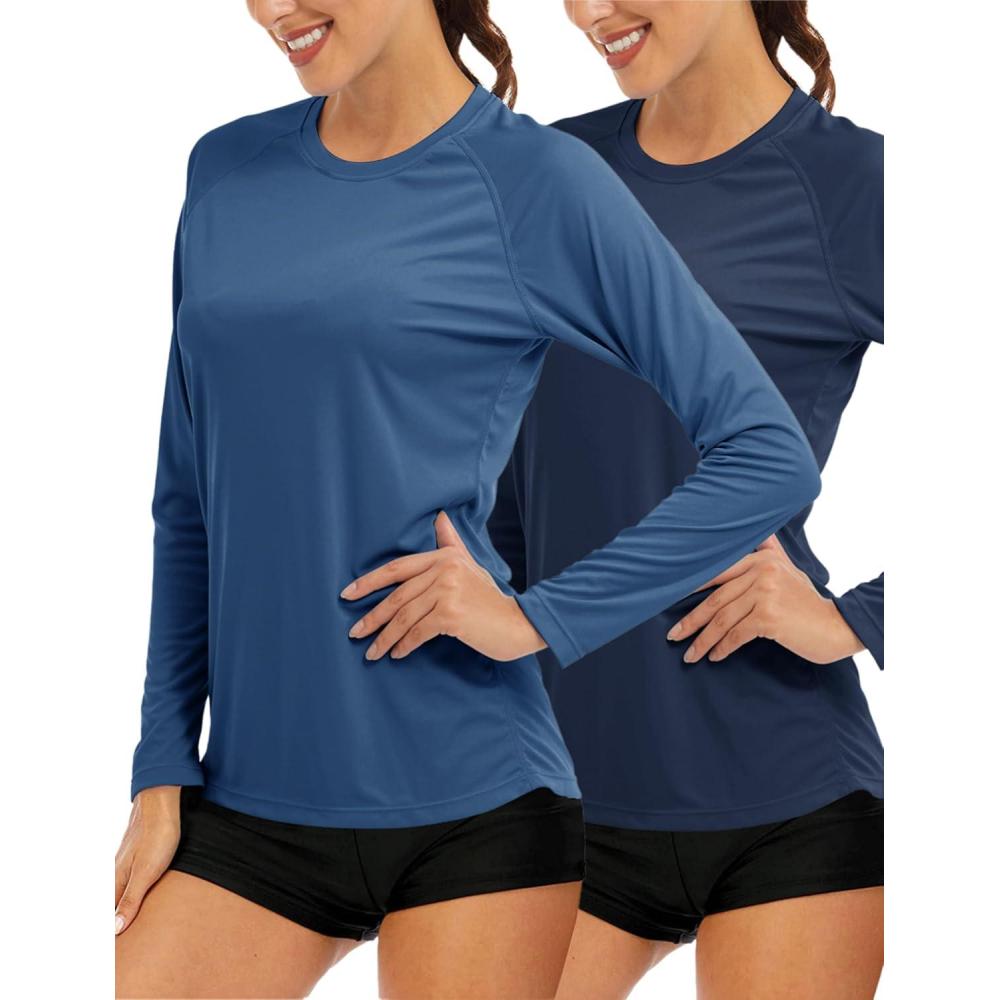 imageMAGCOMSEN Womens 2 Pack Long Sleeve Shirts UPF 50 Sun Protection Quick Dry Swim Shirt for Rash Guard Fishing Workout2 Packnavy bgrey