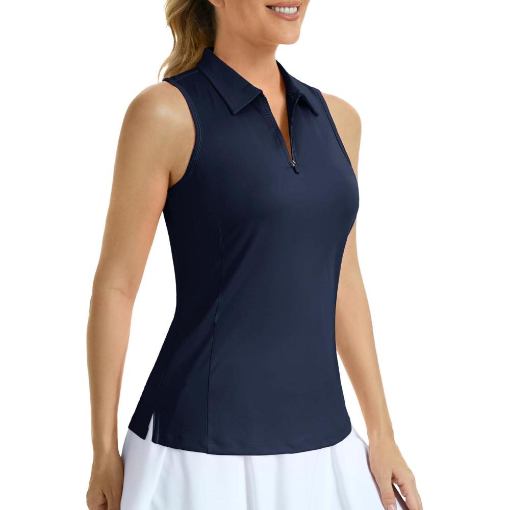 imageMAGCOMSEN Womens Golf Shirt Sleeveless Racerback Polo Shirts Zip Up UPF 50 Quick Dry Tennis Workout Athletic Tank TopsAnavy