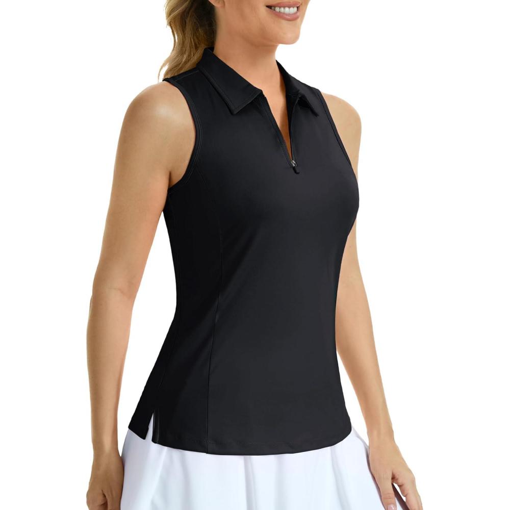 imageMAGCOMSEN Womens Golf Shirt Sleeveless Racerback Polo Shirts Zip Up UPF 50 Quick Dry Tennis Workout Athletic Tank TopsBlack