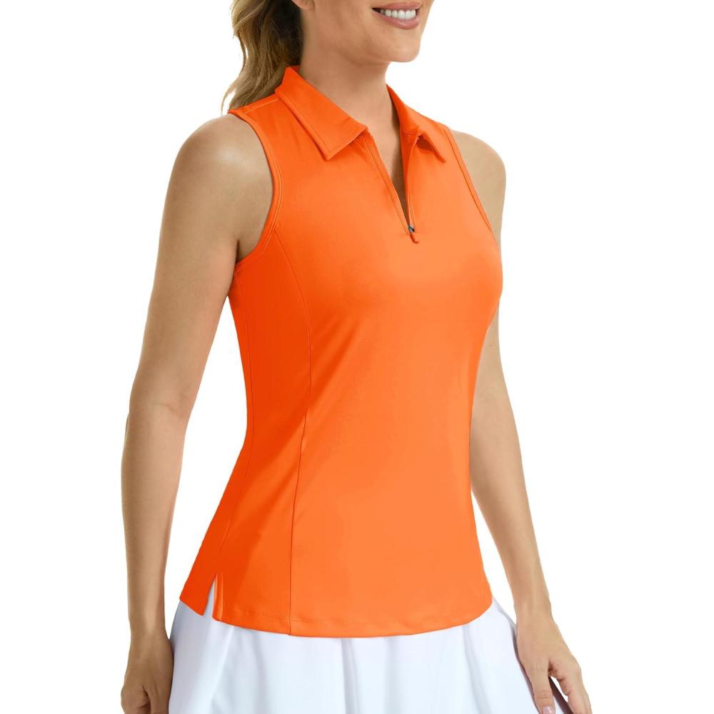 imageMAGCOMSEN Womens Golf Shirt Sleeveless Racerback Polo Shirts Zip Up UPF 50 Quick Dry Tennis Workout Athletic Tank TopsFlorange