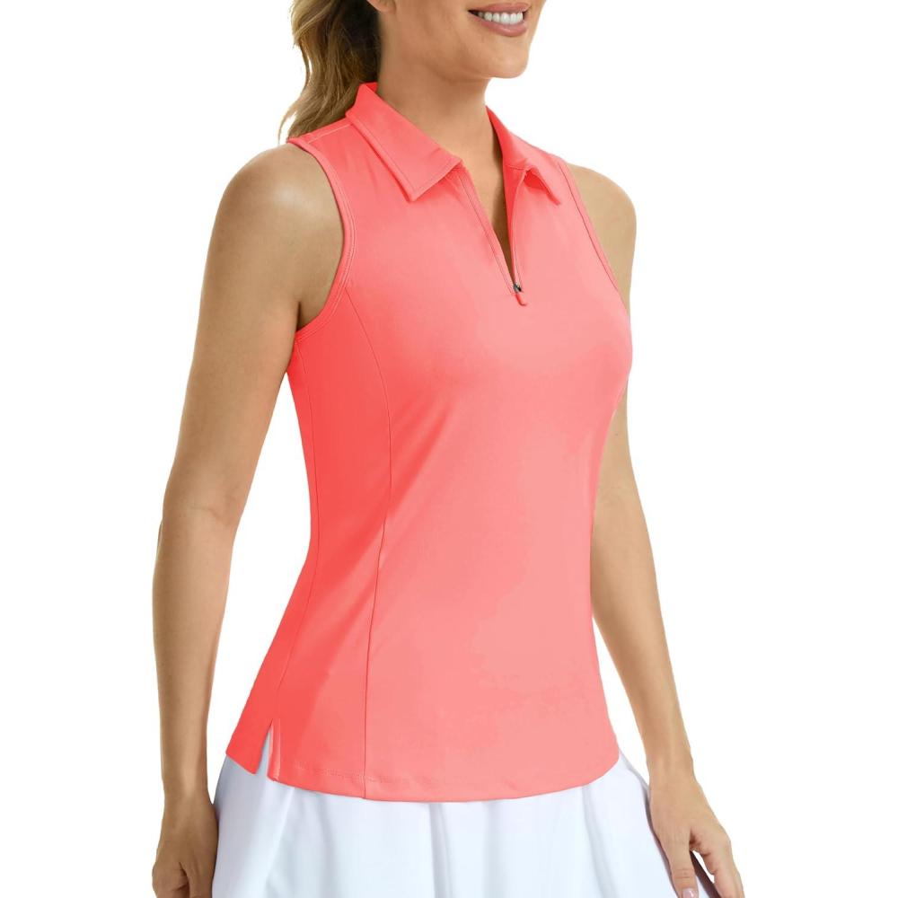 imageMAGCOMSEN Womens Golf Shirt Sleeveless Racerback Polo Shirts Zip Up UPF 50 Quick Dry Tennis Workout Athletic Tank TopsPink