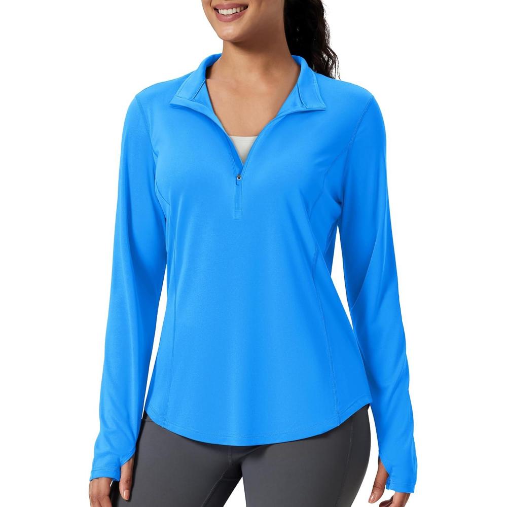 imageMAGCOMSEN Womens Long Sleeve Shirts Sun Protection Half 12 Zip Pullover Rash Guard Quick Dry Hiking Golf Workout TopsAzure