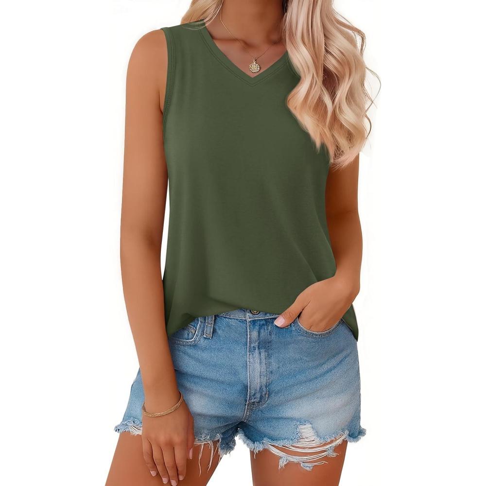imageMAGCOMSEN Womens Tank Tops Summer Sleeveless V Neck Tops Loose Fit Casual Basic UPF 50 Tee Flowy Trendy TShirtsArmygreen