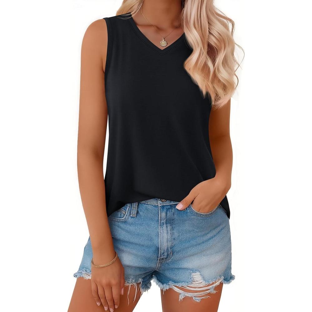 imageMAGCOMSEN Womens Tank Tops Summer Sleeveless V Neck Tops Loose Fit Casual Basic UPF 50 Tee Flowy Trendy TShirtsBlack