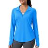 imageMAGCOMSEN Womens Long Sleeve Shirts Sun Protection Half 12 Zip Pullover Rash Guard Quick Dry Hiking Golf Workout TopsAzure
