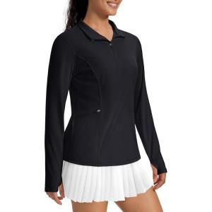 imageMAGCOMSEN 14 Zip Pullover Women Long Sleeve Quarter Zip UPF 50 Sun Shirts with Pocket Quick Dry Athletic Workout TopsBlack
